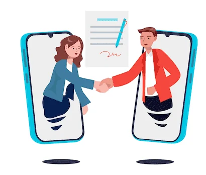 Illustration of two people shaking hands through phone screens