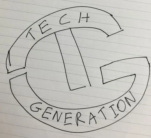 The original pencil sketch of the Tech Generation logo: the letters T and G inside a circle