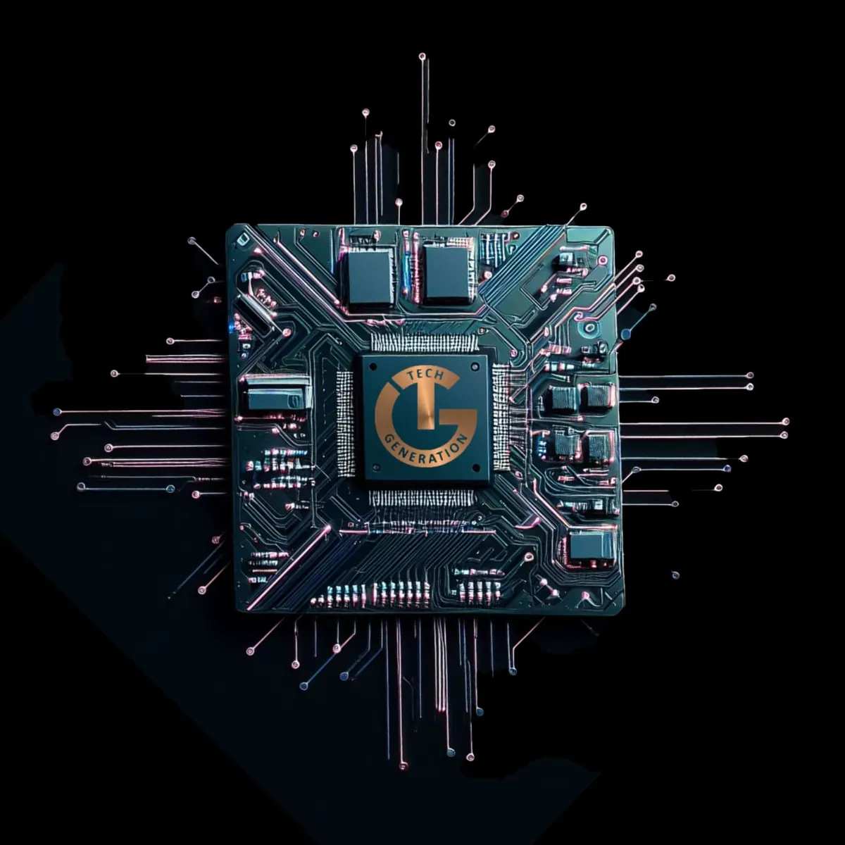 A circuit board with a Tech Generation branded processor at its centre