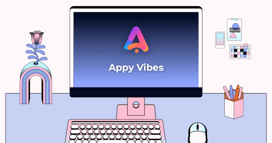 Illustration of a desk with a monitor showing the Appy Vibes logo