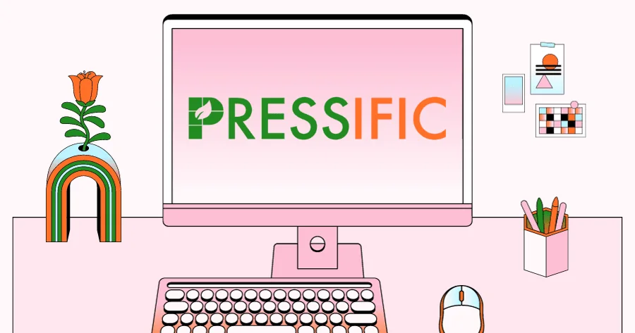 Illustration of a desk with a monitor showing the Pressific logo