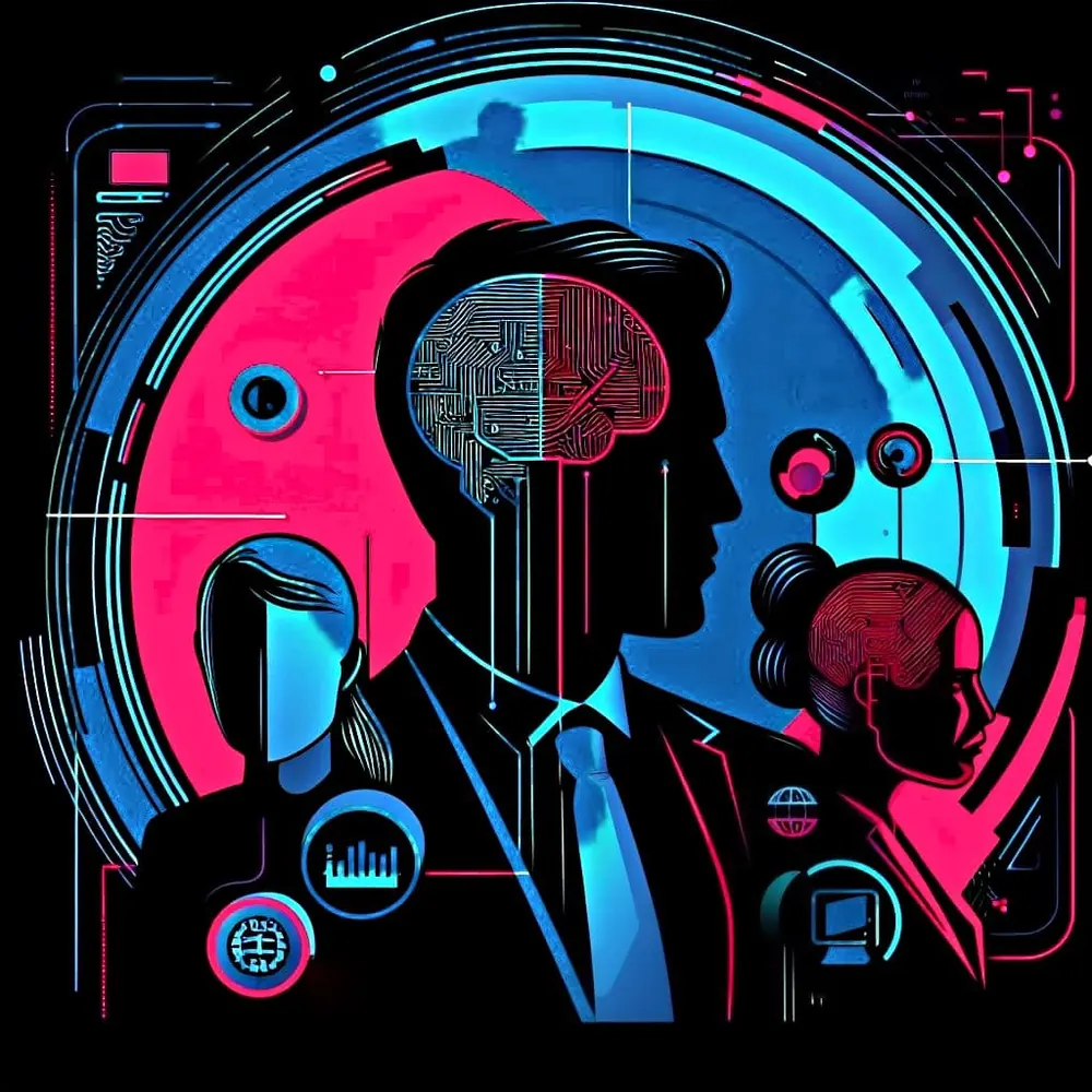 Stylised illustration of a person in profile made of pink and blue circuitry