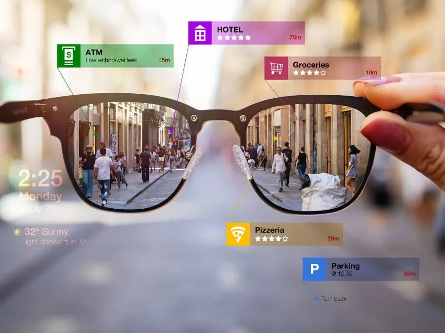 A city street seen through smart glasses with information overlaid